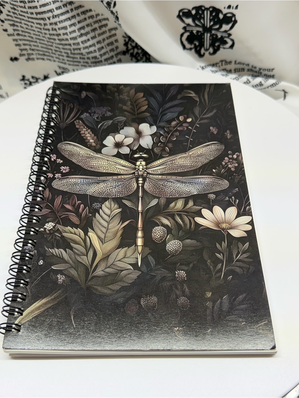 Dragonfly Floral Spiral Notebook - Black Cover